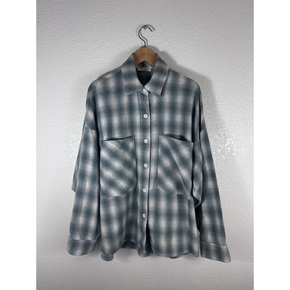 Miss Love Women's Plaid Button Up Shirt Medium Blue Gray Oversized Long Sleeve